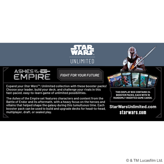 Star Wars: Unlimited - Ashes of the Empire: Booster Display - back of display with overview, contents list, and link for Star Wars Unlimited website. 