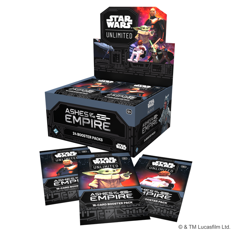 Load image into Gallery viewer, Star Wars: Unlimited - Ashes of the Empire: Booster Display - front of packaging and three booster packs displayed each featuring art of Star Wars characters. 
