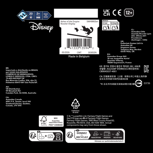 Star Wars: Unlimited - Ashes of the Empire: Booster Display - bottom of display with barcode and company address. Box indicates it is for ages 12+ and 2 players. 
