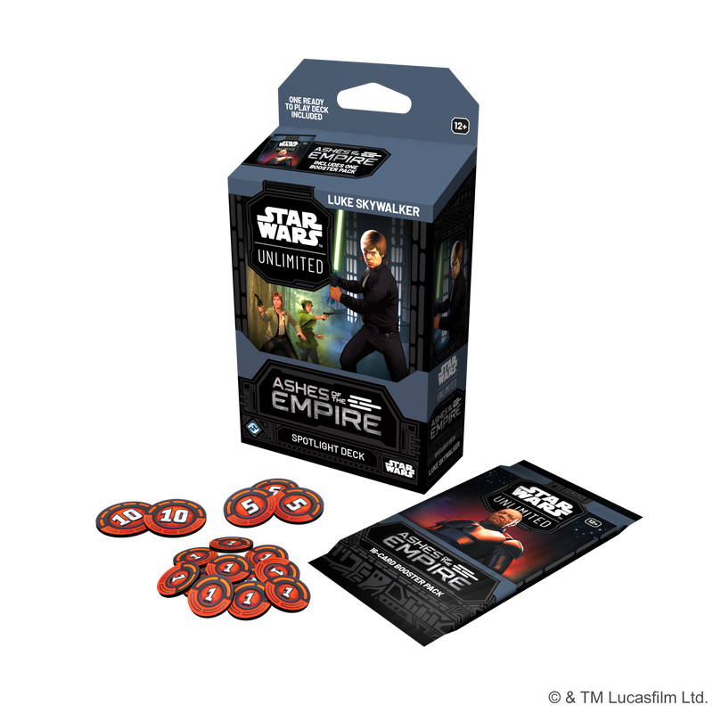 Load image into Gallery viewer, Star Wars: Unlimited - Ashes of the Empire: Spotlight Deck - Luke Skywalker - Packaging, damage tokens, and Ashes of the Empire booster pack displayed. 
