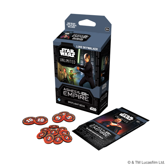 Star Wars: Unlimited - Ashes of the Empire: Spotlight Deck - Luke Skywalker - Packaging, damage tokens, and Ashes of the Empire booster pack displayed. 