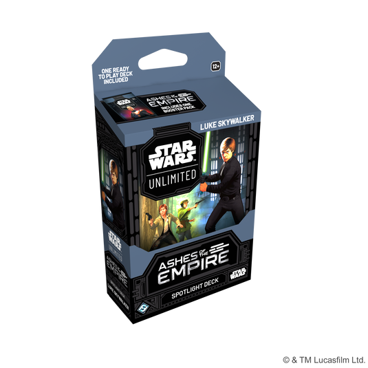 Star Wars: Unlimited - Ashes of the Empire: Spotlight Deck - Luke Skywalker - Front of packaging with art of Luke Skywalker, Han Solo, and Leia Organa. 
