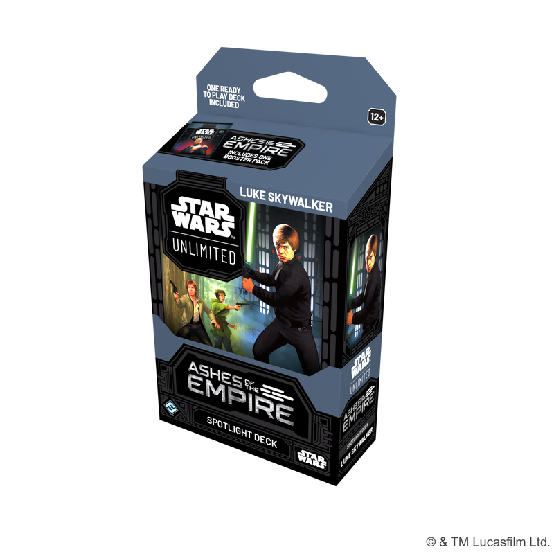 Load image into Gallery viewer, Star Wars: Unlimited - Ashes of the Empire: Spotlight Deck - Luke Skywalker - Front of packaging with art of Luke Skywalker, Han Solo, and Leia Organa. 

