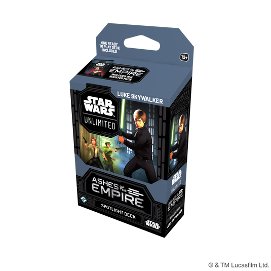 Star Wars: Unlimited - Ashes of the Empire: Spotlight Deck - Luke Skywalker - Front of packaging with art of Luke Skywalker, Han Solo, and Leia Organa. 