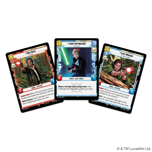 Star Wars: Unlimited - Ashes of the Empire: Spotlight Deck - Sample cards shown including Luke Skywalker leader unit card, Han Solo unit card, and Leia Organa unit card. 