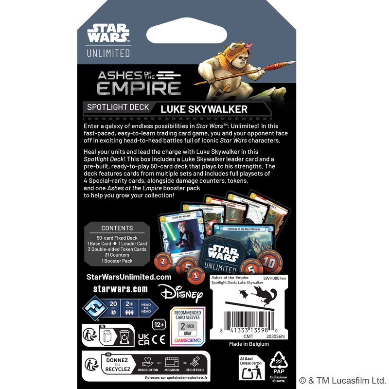 Load image into Gallery viewer, Star Wars: Unlimited - Ashes of the Empire: Spotlight Deck - Back of packaging with overview, contents list, and images of sample cards and tokens. 
