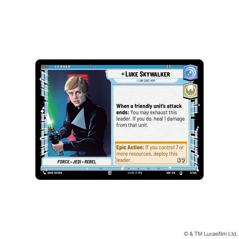 Load image into Gallery viewer, Star Wars: Unlimited - Ashes of the Empire: Spotlight Deck - Luke Skywalker leader card displayed with epic action and action abilities listed. 
