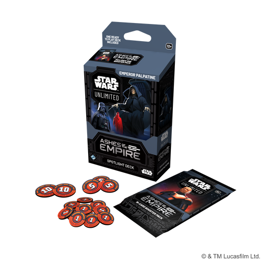 Star Wars: Unlimited - Ashes of the Empire: Spotlight Deck - Emperor Palpatine - Packaging, damage tokens, and Ashes of the Empire booster pack displayed. 