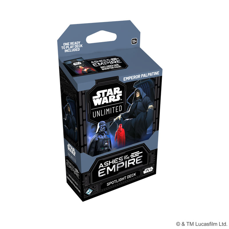 Load image into Gallery viewer, Star Wars: Unlimited - Ashes of the Empire: Spotlight Deck - Emperor Palpatine - Front of packaging featuring art of Emperor Palpatine and Darth Vader. 
