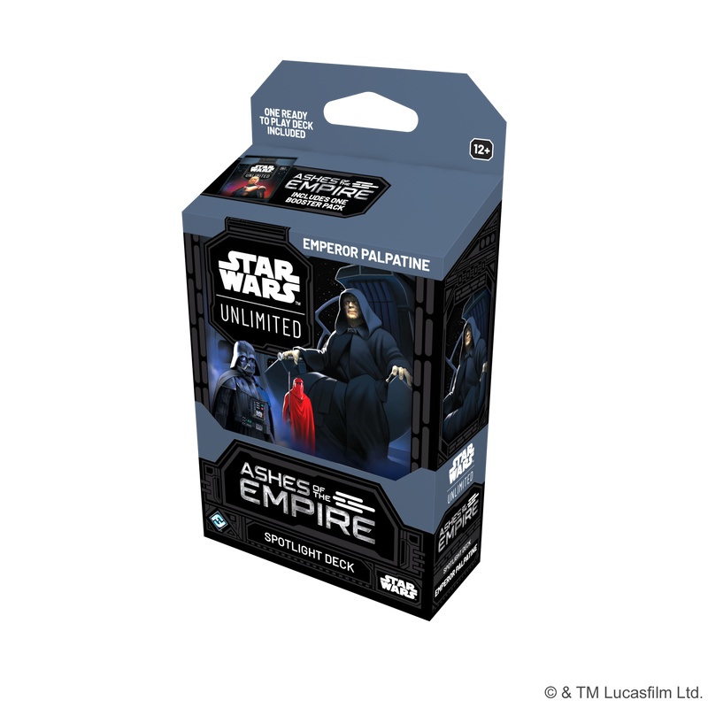 Load image into Gallery viewer, Star Wars: Unlimited - Ashes of the Empire: Spotlight Deck - Emperor Palpatine - Front of packaging featuring art of Emperor Palpatine and Darth Vader. 

