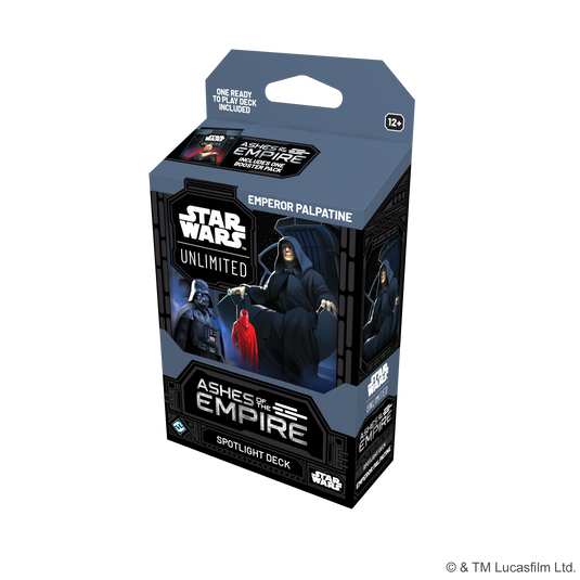 Star Wars: Unlimited - Ashes of the Empire: Spotlight Deck - Emperor Palpatine - Front of packaging featuring art of Emperor Palpatine and Darth Vader. 