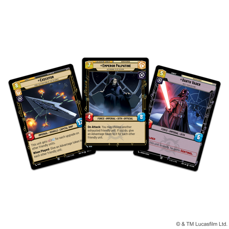 Load image into Gallery viewer, Star Wars: Unlimited - Ashes of the Empire: Spotlight Deck - Emperor Palpatine - Three sample cards shown including Emperor Palpatine leader unit card and Darth Vader unit card. 
