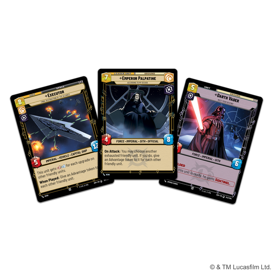 Star Wars: Unlimited - Ashes of the Empire: Spotlight Deck - Emperor Palpatine - Three sample cards shown including Emperor Palpatine leader unit card and Darth Vader unit card. 