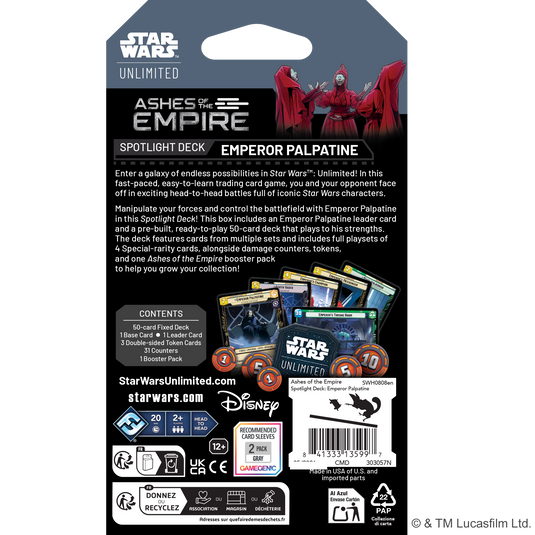Star Wars: Unlimited - Ashes of the Empire: Spotlight Deck - Emperor Palpatine - Back of packaging with overview, contents list, and images of game cards and tokens. 