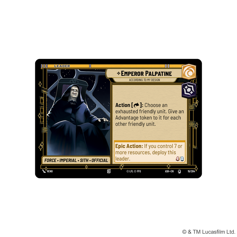 Load image into Gallery viewer, Star Wars: Unlimited - Ashes of the Empire: Spotlight Deck - Emperor Palpatine - Emperor Palpatine leader card shown with epic action and action abilities listed. 
