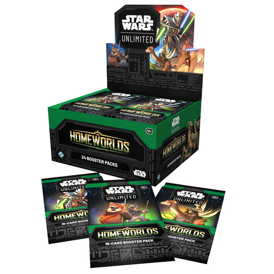 Star Wars: Unlimited – Homeworlds: Booster Display - View of front of display and booster packs featuring art of Star Wars characters.