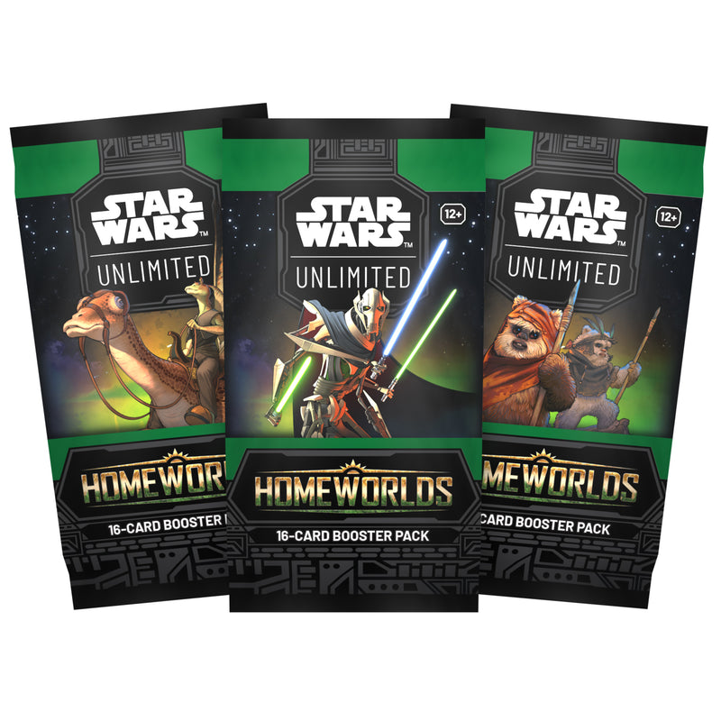 Load image into Gallery viewer, Star Wars: Unlimited – Homeworlds: Booster Display - View of three booster packs featuring art of Star Wars characters.
