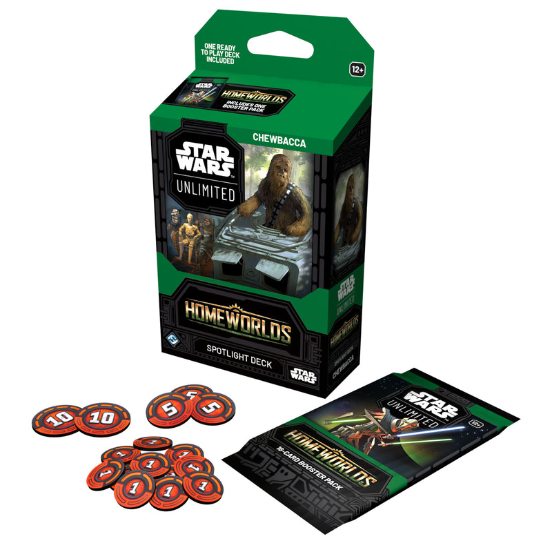 Load image into Gallery viewer, Star Wars: Unlimited – Homeworlds: Spotlight Deck - Chewbacca - Packaging, damage tokens, and booster pack displayed. 
