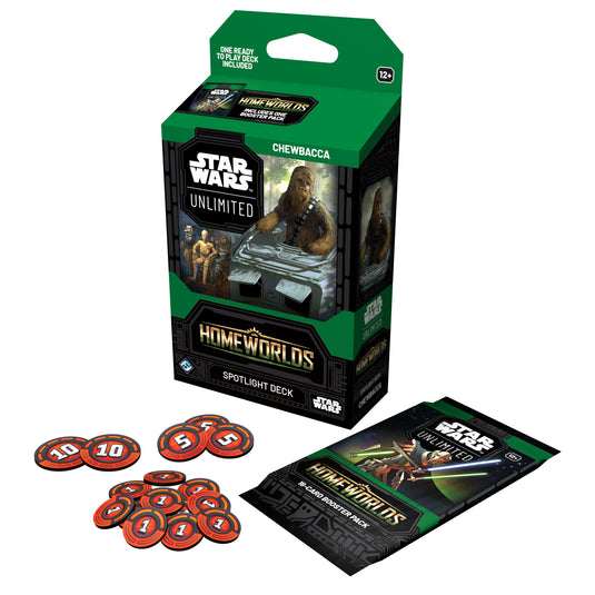Star Wars: Unlimited – Homeworlds: Spotlight Deck - Chewbacca - Packaging, damage tokens, and booster pack displayed. 