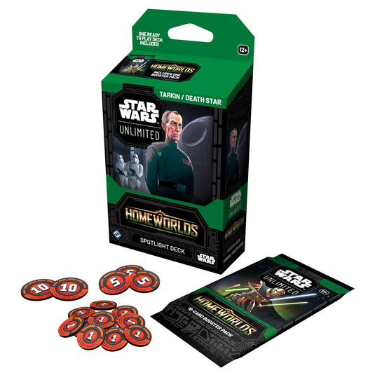 Star Wars: Unlimited – Homeworlds: Spotlight Deck – Packaging, damage tokens, and Homeworlds booster pack displayed. 