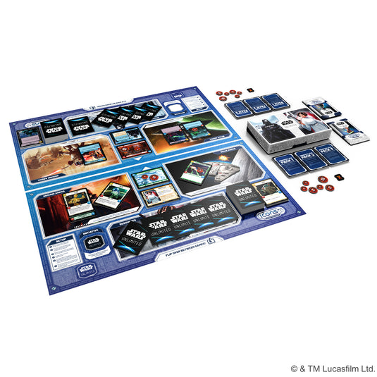 Star Wars: Unlimited - Icons 2027 Edition: Starter Box - Game contents shown including game mat with setup instructions and locations, game cards, and tokens. 