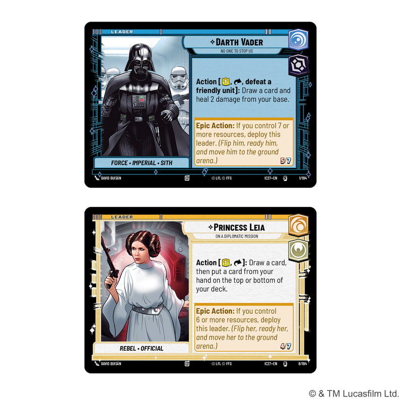 Load image into Gallery viewer, Star Wars: Unlimited - Icons 2027 Edition: Starter Box - Darth Vader and Princess Lei leader cards shown with actions and epic actions listed. 
