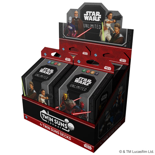 Star Wars: Unlimited – 2026 Twin Suns Deck Display - front of display with four boxes featuring art of Star Wars characters.