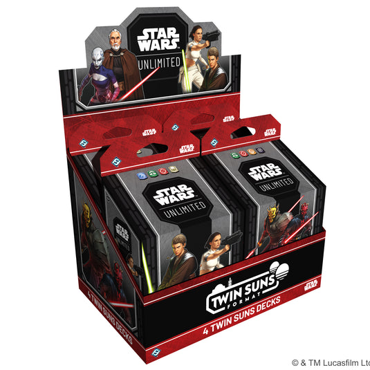 Star Wars: Unlimited – 2026 Twin Suns Deck Display - front of display with four boxes featuring art of Star Wars characters.