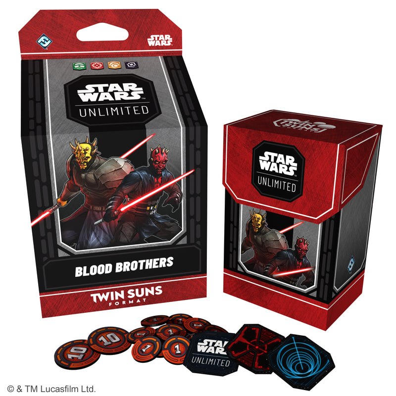 Load image into Gallery viewer, Star Wars: Unlimited – 2026 Twin Suns Deck Display - Blood Brothers deck box featuring art of Maul and Savage Opress shown alongside game tokens.
