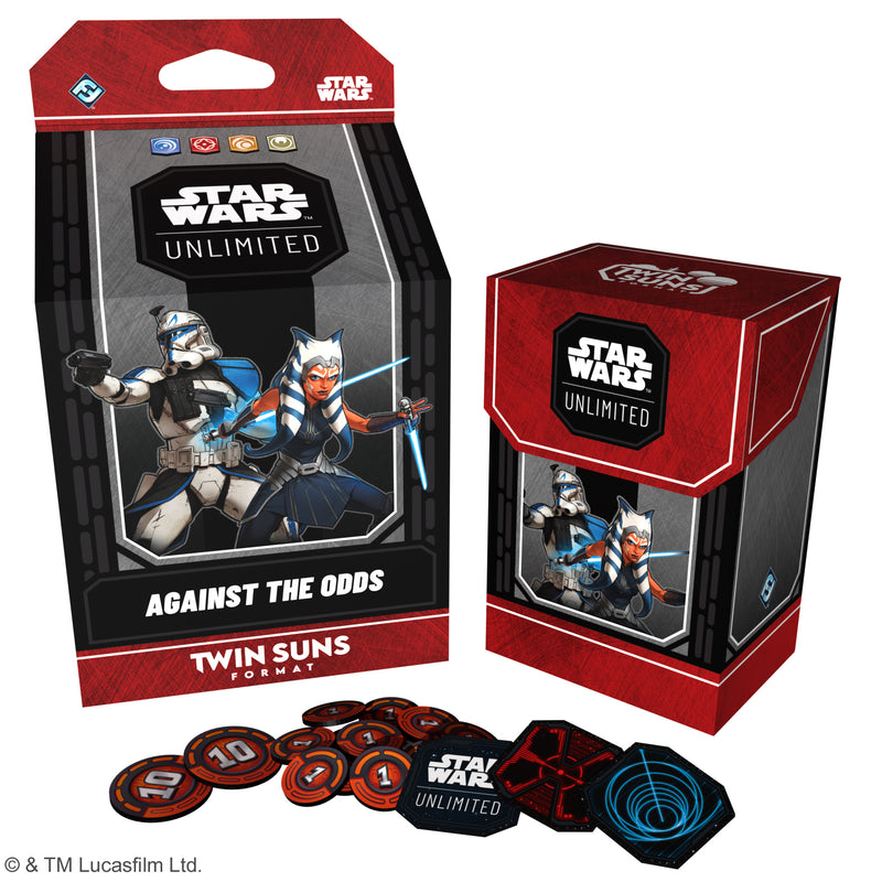 Load image into Gallery viewer, Star Wars: Unlimited – 2026 Twin Suns Deck Display - Against the Odds deck box shown featuring art of Ahsoka Tano and Rex shown alongside game tokens. 
