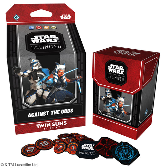 Star Wars: Unlimited – 2026 Twin Suns Deck Display - Against the Odds deck box shown featuring art of Ahsoka Tano and Rex shown alongside game tokens. 
