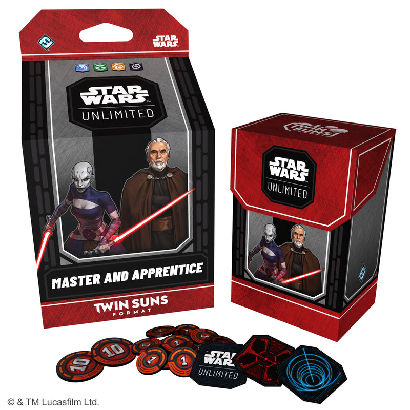 Load image into Gallery viewer, Star Wars: Unlimited – 2026 Twin Suns Deck Display - Master and Apprentice deck box shown featuring art of Count Dooku and Asajj Ventress shown alongside game tokens. 
