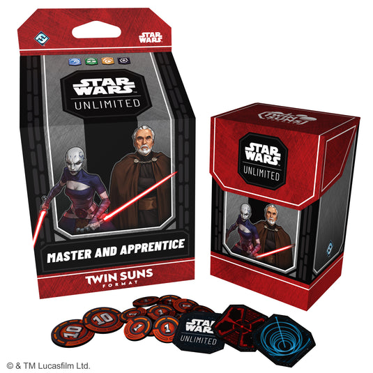 Star Wars: Unlimited – 2026 Twin Suns Deck Display - Master and Apprentice deck box shown featuring art of Count Dooku and Asajj Ventress shown alongside game tokens. 