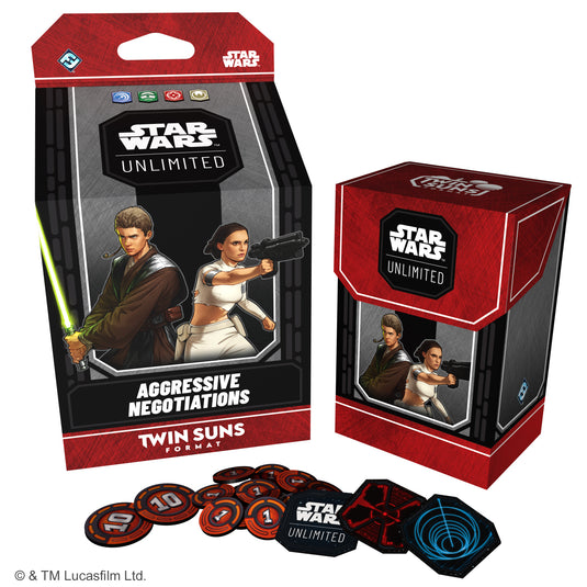 Star Wars: Unlimited – 2026 Twin Suns Deck Display - Aggressive Negotiations deck box featuring art of Anakin Skywalker and Padmé Amidala shown alongside game tokens. 
