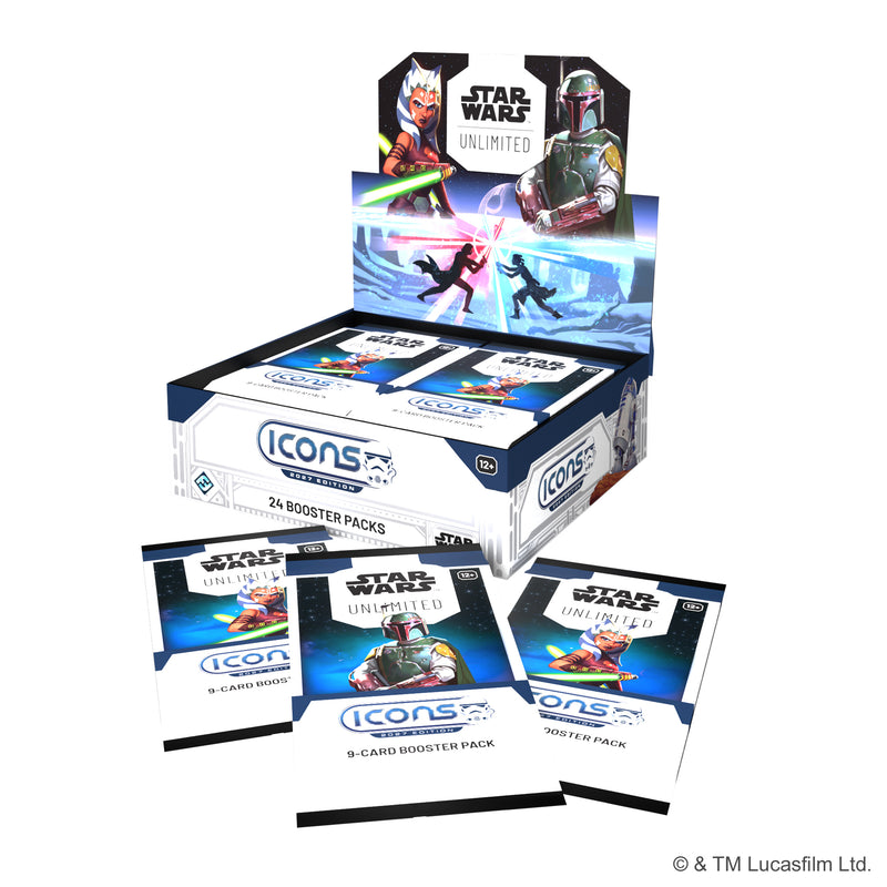 Load image into Gallery viewer, Star Wars: Unlimited - Icons 2027 Edition: Booster Display - Display and booster packs displayed featuring art of Ahsoka Tano and Boba Fett.
