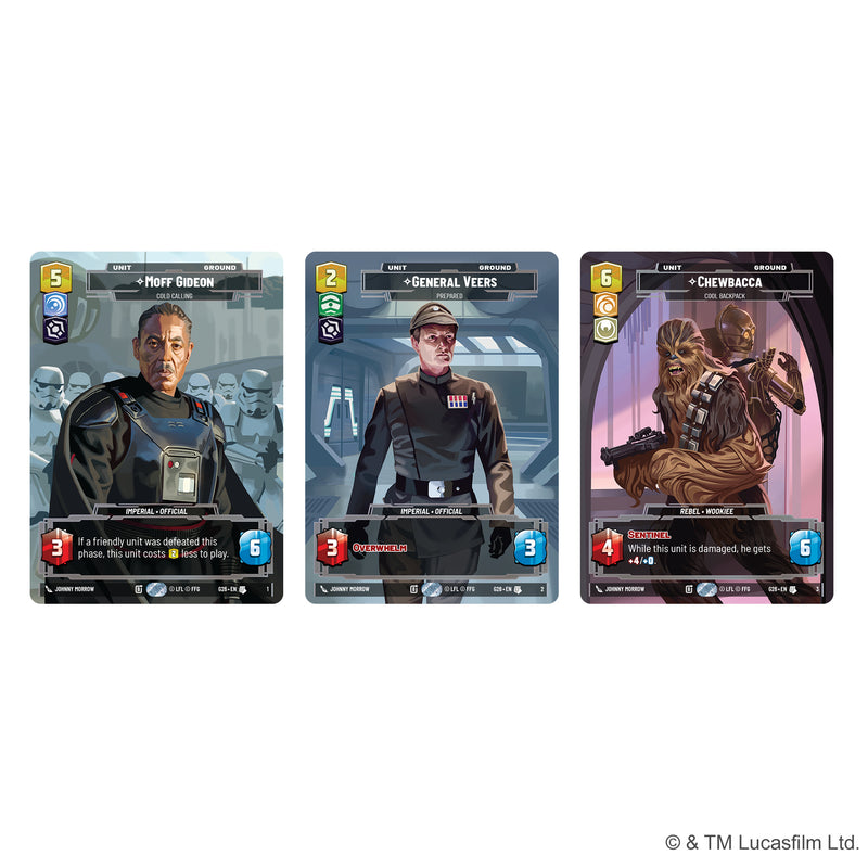 Load image into Gallery viewer, Star Wars: Unlimited - 2026 Giftbox - Moff Gideon, General Veers, and Chewbacca cards displayed.
