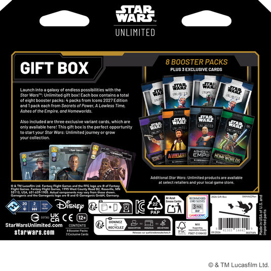Star Wars: Unlimited - 2026 Giftbox - Back of packaging with game description and images of booster packs.
