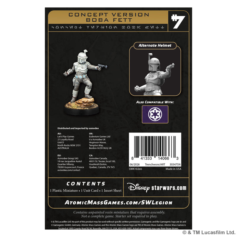 Load image into Gallery viewer, Star Wars: Legion Concept Boba Fett - Back of packaging with image of Boba Fett Miniature and alternate helmet option, contents list, and barcode. 
