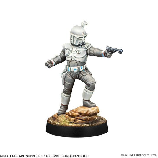 Star Wars: Legion Concept Boba Fett - Image of Concept Boba Fett miniature with note that miniature are supplied unassembled and unpainted. 