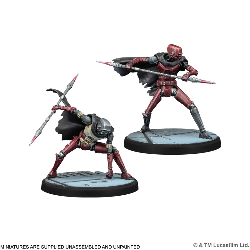 Load image into Gallery viewer, Star Wars: Shatterpoint - Secure the Future Squad Pack - HK Assassin Droid miniatures with note that miniatures are supplied unassembled and unpainted.

