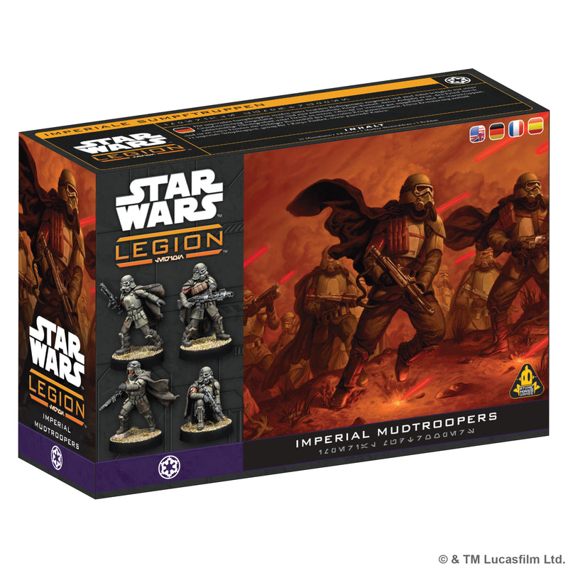 Load image into Gallery viewer, Star Wars: Legion – Imperial Mud Troopers - Front of box featuring art of Imperial Mudtroopers on a battlefield and images of miniatures.
