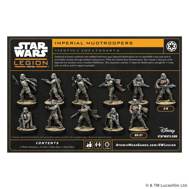Load image into Gallery viewer, Star Wars: Legion – Imperial Mud Troopers - Back of box with game description, images of included miniatures, and contents list.
