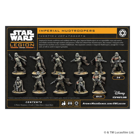 Star Wars: Legion – Imperial Mud Troopers - Back of box with game description, images of included miniatures, and contents list.