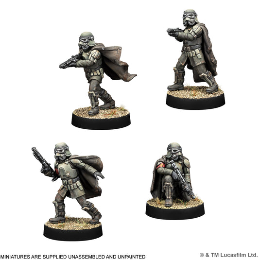 Star Wars: Legion – Imperial Mud Troopers - Four miniatures displayed with note that miniatures are supplied unassembled and unpainted.