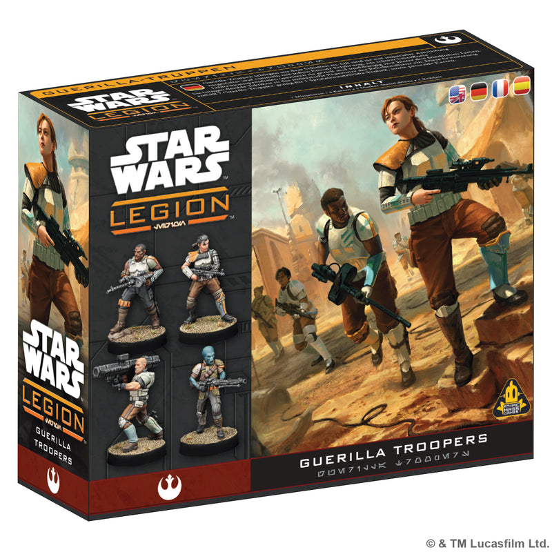 Load image into Gallery viewer, Star Wars: Legion - Guerilla Troopers - Front of box featuring art of Guerilla Troopers and images of miniatures. 
