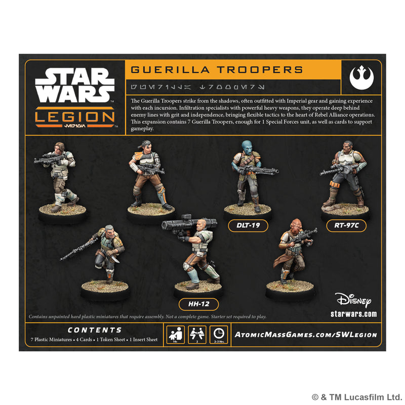 Load image into Gallery viewer, Star Wars: Legion - Guerilla Troopers - Back of box with game description, contents list, and images of miniatures. 
