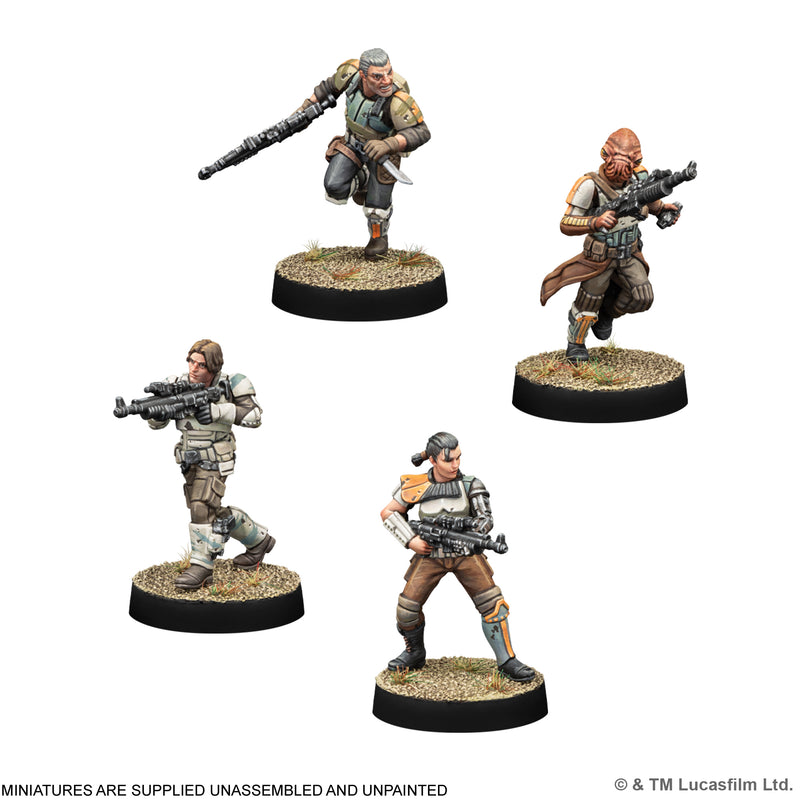 Load image into Gallery viewer, Star Wars: Legion - Guerilla Troopers - Four Guerilla Troopers miniatures displayed with note that miniatures are supplied unassembled and unpainted. 
