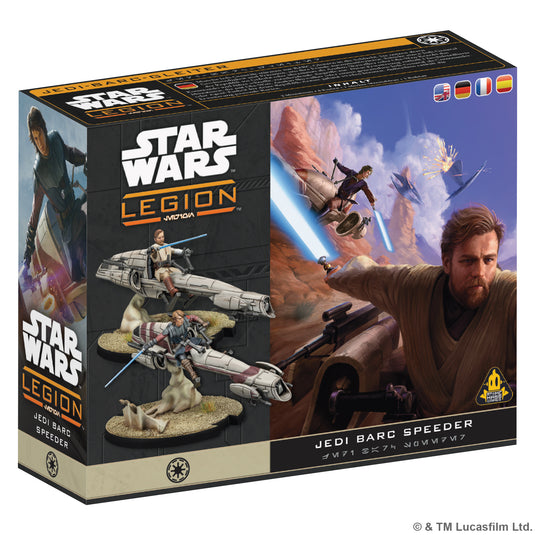 Star Wars: Legion - Jedi General on BARC Speeder - Front of packaging featuring art of Obi-Wan Kenobi on Jedi BARC Speeder and images of miniatures. 