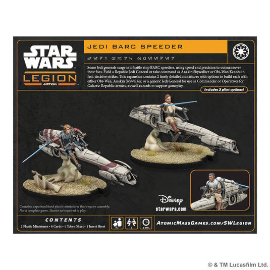 Star Wars: Legion - Jedi General on BARC Speeder - Back of packaging with game overview and images of Anakin Skywalker and Obi-Wan Kenobi BARC Speeder miniatures. 