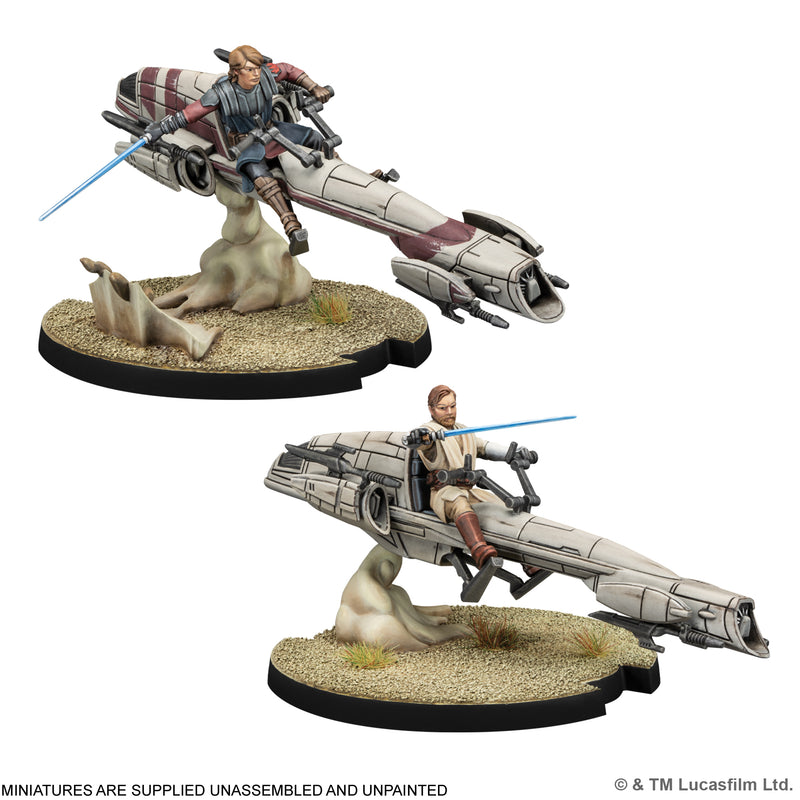 Load image into Gallery viewer, Star Wars: Legion - Jedi General on BARC Speeder - Painted Anakin Skywalker and Obi-Wan-Kenobi BARC Speeder miniatures displayed with note that miniatures are supplied unassembled and unpainted. 
